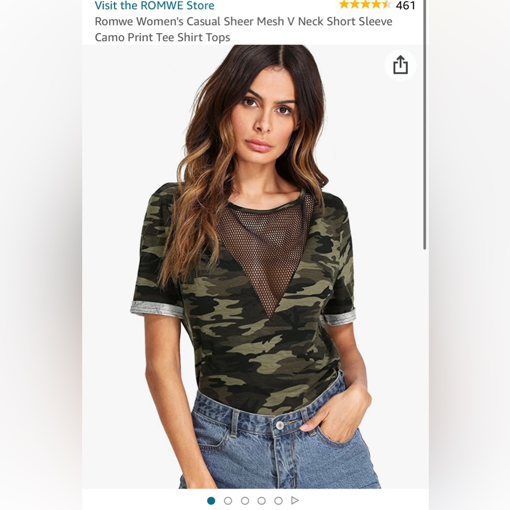 Romwe Women's Casual Sheer Mesh V Neck Short Sleeve Camo Print Tee Shirt Tops, L